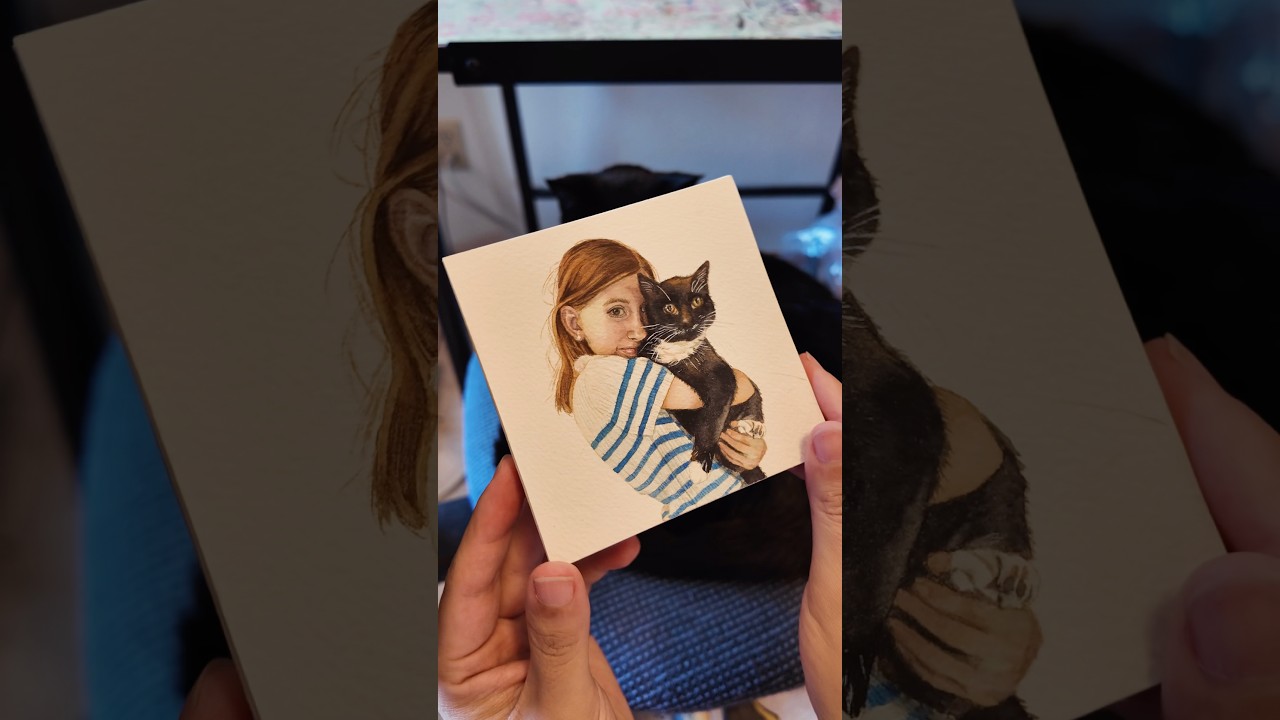 I painted a mini watercolor portrait of my daughter and our cat #watercolor #paintingprocess