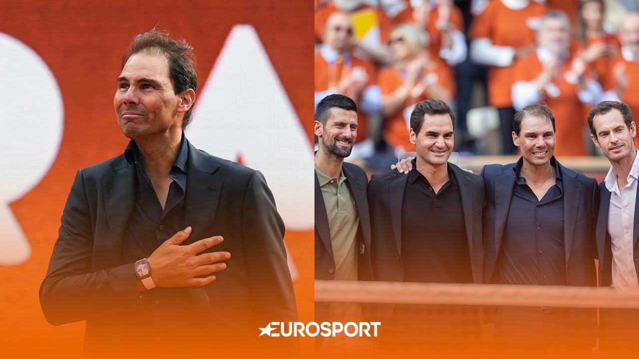 Rafael Nadal com a mão n peito emocionado, ao lado Djokovic sorrindo, Roger Federer com Rafael Nadal sorrindo e Andy Murray posando para foto