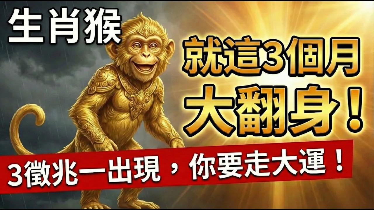 屬猴的請收下！未來3個月「天降大任」，若你身邊出現這「3種預兆」，恭喜你，苦日子徹底熬到頭了！#屬猴2026運勢 #2026生肖猴運勢 #財運 #轉運 #算命 #風水 #命理 #偏財 #貴人 #生肖猴
