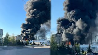 Strong fire in industrial enterprise in Russia’s St. Petersburg city -Footage provided by residents