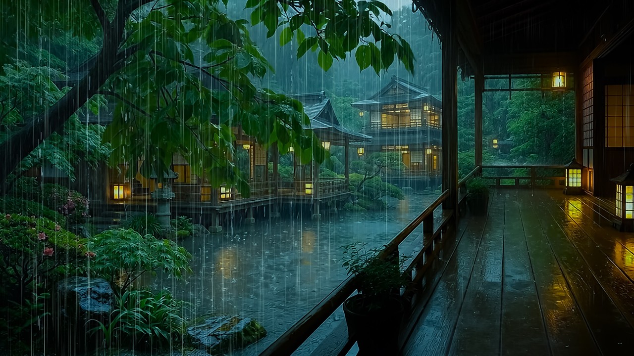 Peaceful Rain Sounds for Sleep and Relaxation | ASMR Forest Rain on Cabin Porch by Garden Pond