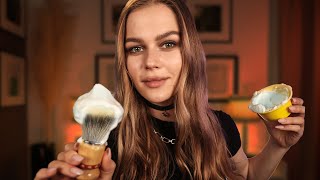 ASMR Alisa Shaving & Styling Your Beard.  (Razor, Scissors, Face massage) Minimal Talking