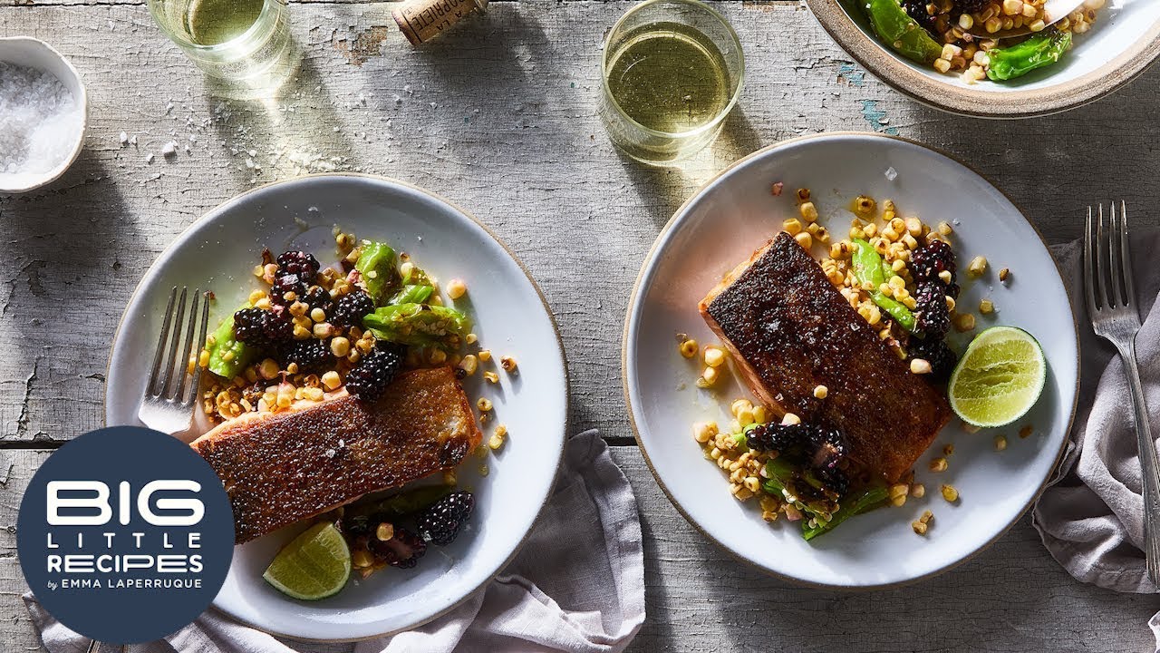 Crispy Salmon With Corn, Blackberry & Shishito Salad | Big Little Recipes | Food52
