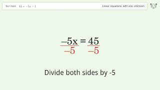 Solve 44=-5x-1: Linear Equation Video Solution | Tiger Algebra