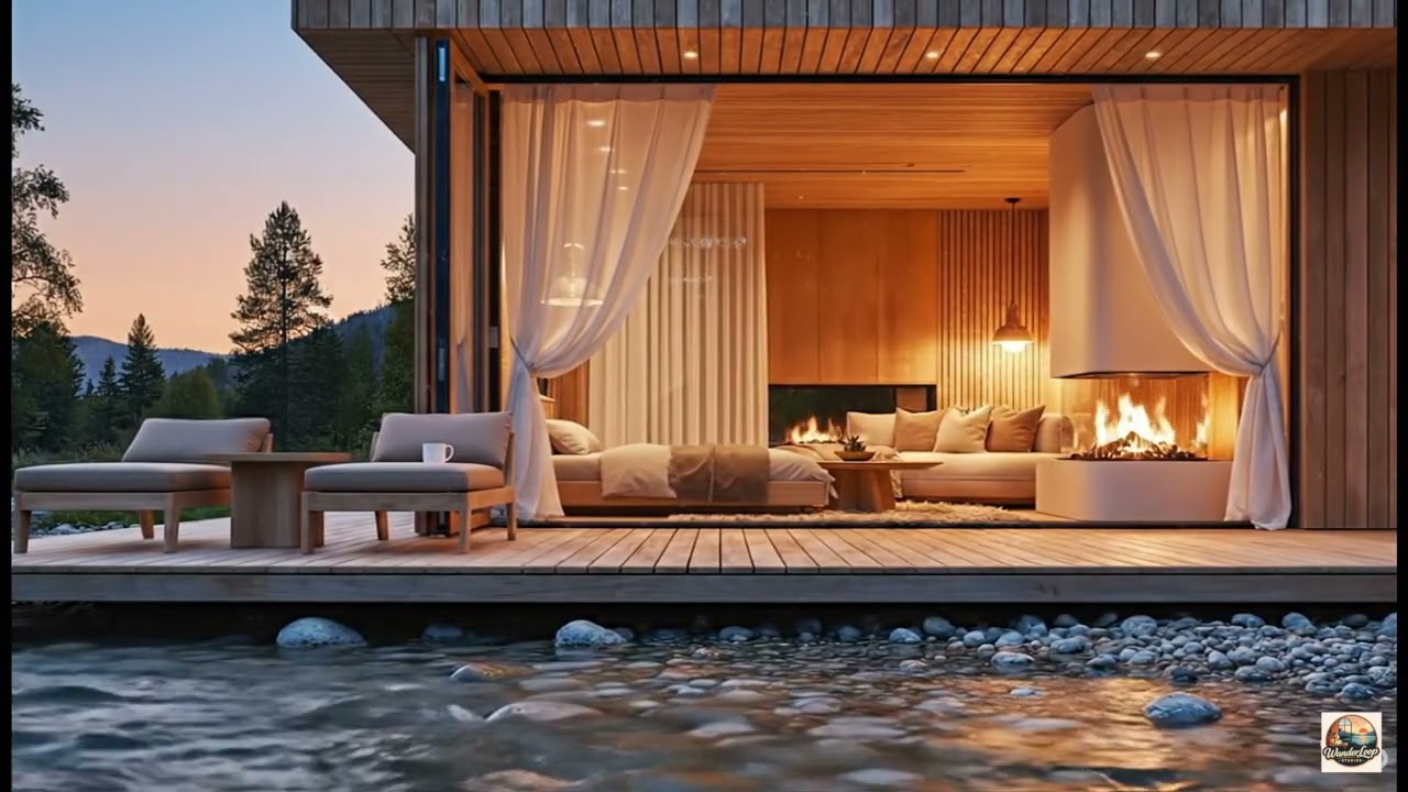 Cozy Riverside Cabin | Fireplace & Nature Sounds #lofichill #relaxing   #fireplace  #nature  #cabin