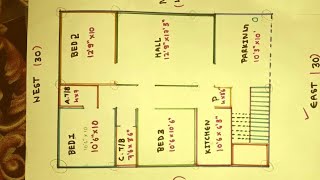 3bhk 30 × 40 East face house plan map naksha