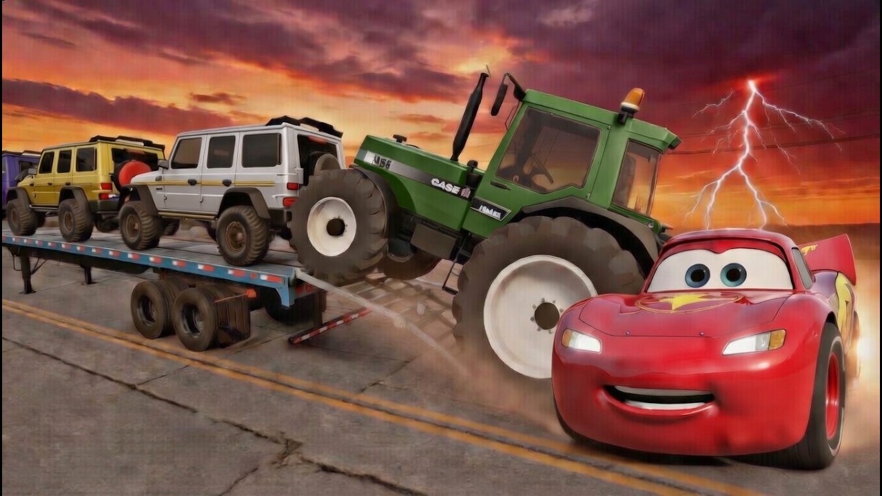 TRANSPORTING PIXAR CARS & FRUITS WITH COLORED & JOHN DEERE vs CLAAS vs TRACTORS - BeamNG.drive