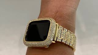 Iced Out Gold Apple Watch Band & Match Bezel Cover Lab Diamonds 38mm 40mm 42mm 44mm Iwatch Band