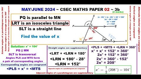 Parallel Lines, Isosceles Triangle, Vertical Angle ~ May/June 2024 ~ 3b ~ Paper2-CSEC-MATHS-635