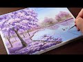 A purple tree on lake /acrylic painting for beginners /landscape Painting Tutorial / Painting ASMR