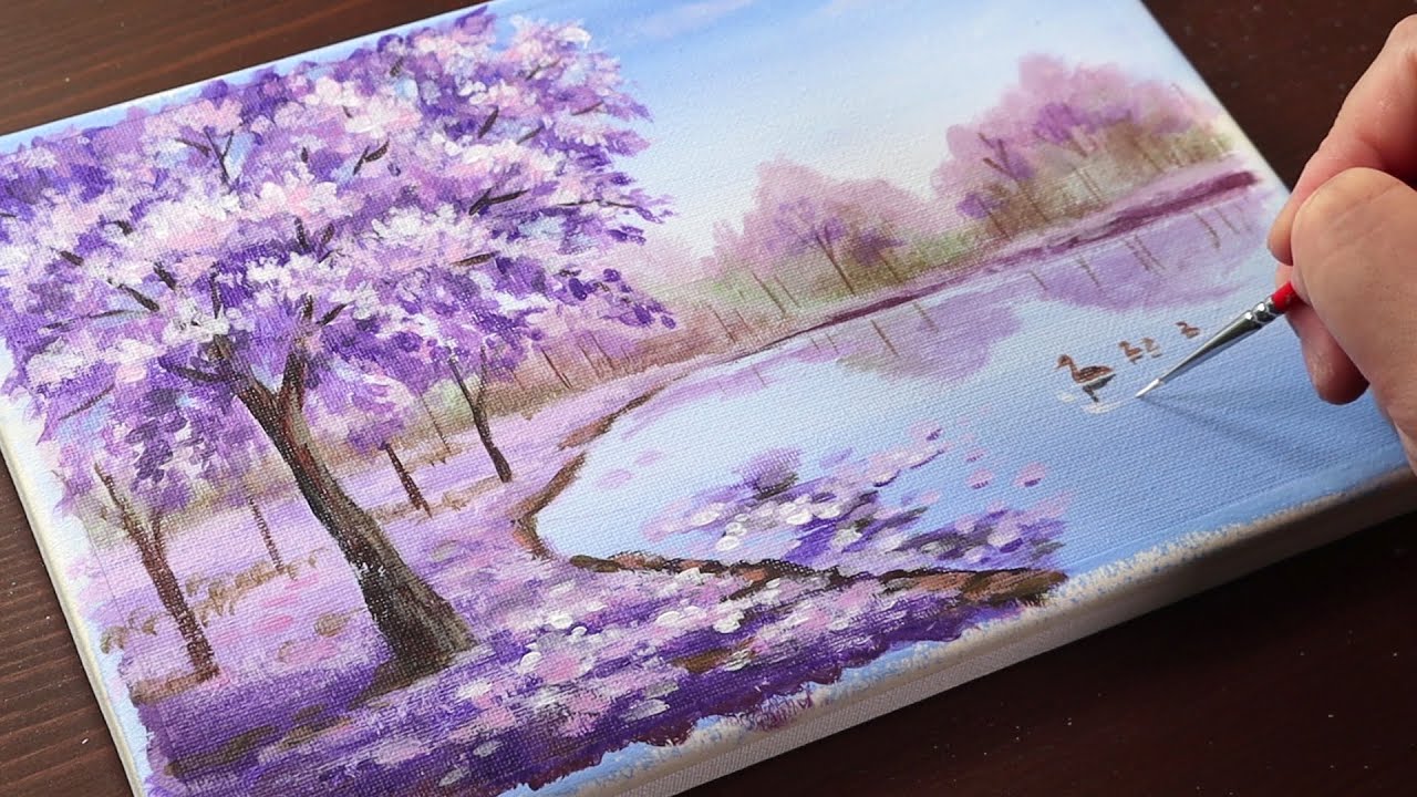 A purple tree on lake /acrylic painting for beginners /landscape