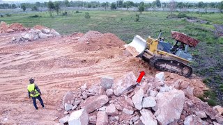 Best Skill Operator Big Land Filling by Bulldozer Pushing Rock and Dump Truck Dumping Rock