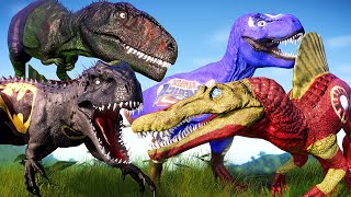 BATMAN vs HULK vs CAPTAIN AMERICA vs IRONMAN SUPERHERO DINOSAURS BATTLE - Jurassic World Evolution