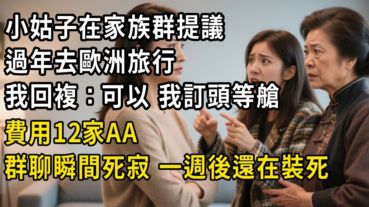 小姑子在家族群提議過年去歐洲旅行，我回複：“可以，我訂頭等艙，費用12家AA”，群聊瞬間死寂，一週後還在裝死#為人處世#人生感悟#中老年生活#翠花的秘密#婆媳#家庭故事