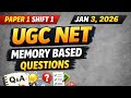 UGC NET Paper 1 Memory Based Questions | JANUARY 3 | Shift 1 | Part 1