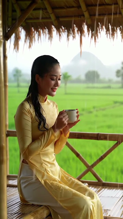 wanita cantik minum kopi di tengah hujan dan menikmati pemandangan #fyp #shorts