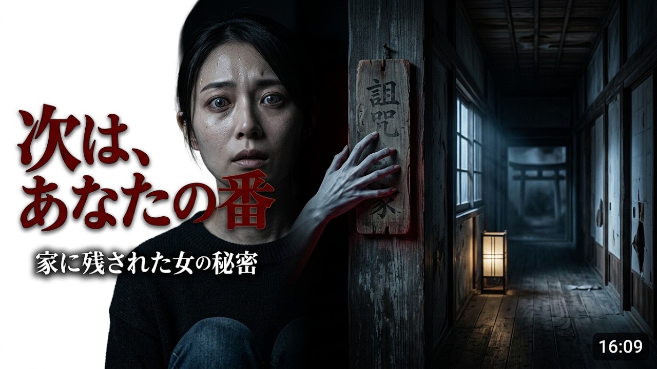 毎晩午前0時13分、私の部屋の玄関を誰かがノックする。最初は気のせいだと思った。でも、ある朝、玄関の前に古い女物の草履が置かれていた。大家に相談すると、彼は青ざめて言った。「10年前、その部屋の前で女が1人死んでいるんだ」その夜、扉の向こうから聞こえた声に、私は凍りついた。「やっと帰ってきたね」それは、10年前に死んだはずの母の声だった。そして、母が残したノートには「鏡を見せてはいけない」と...