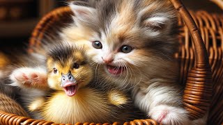 Kittens and ducklings  are playing happily in the fruit basket So cute!  Both of them are sleeping!