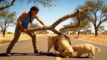 Animal rescue : Golden Retriever puppy Stops Traffic to Save His Mother From a Giant Python