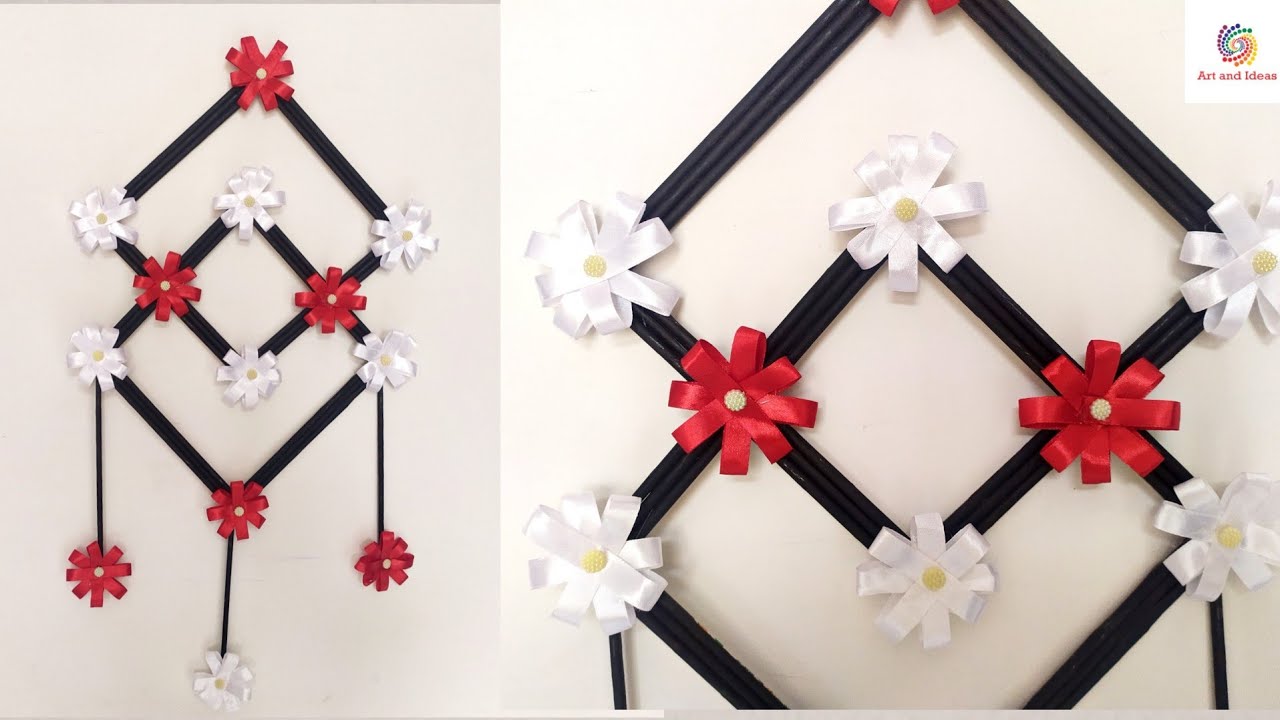 Satin ribbon flower wall hanging | wall decoration ideas | wall hanging ...