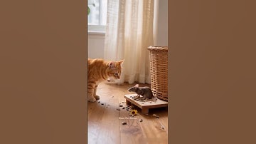 Orange Cat Watches Mouse Near Wicker Basket Silently. #cat #catandmouse #mycat