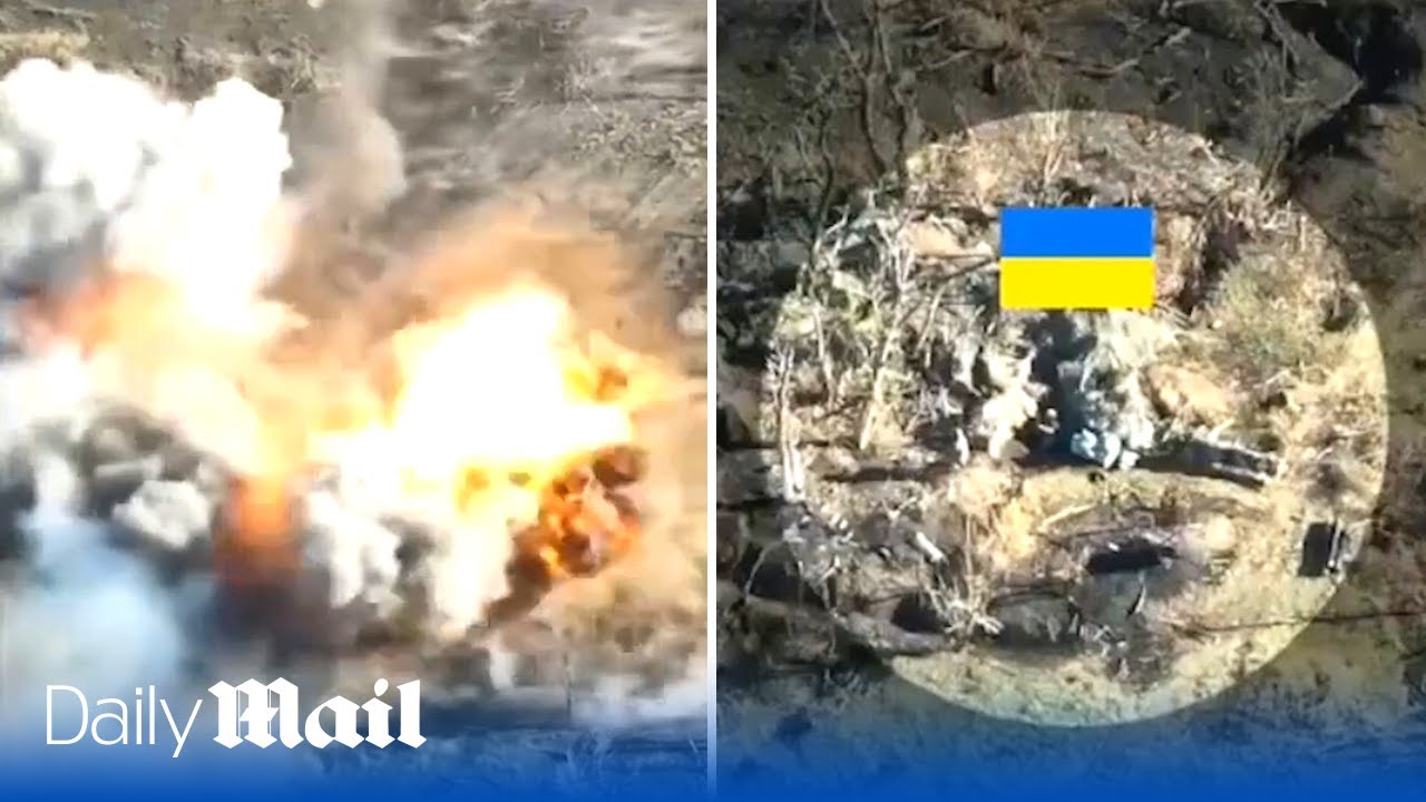 Two Russian tanks are eliminated by Ukrainian anti-tank mines whilst taking enemy fire