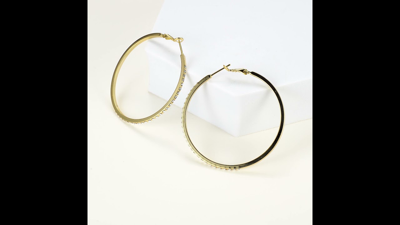 Gold 50mm Hoop Earrings Created with Zircondia® Crystals by Philip Jones Jewellery
