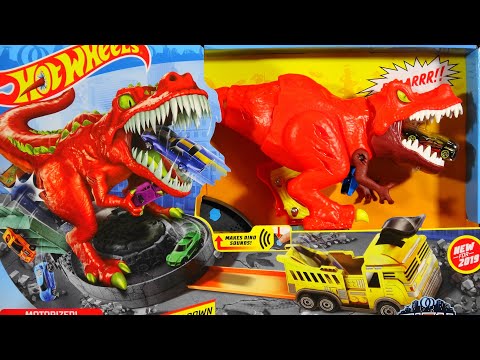 NEW 2019 HOT WHEELS CITY T REX RAMPAGE Can You Knock Down The Moving T Rex Oh No T Rex Ate Your Car