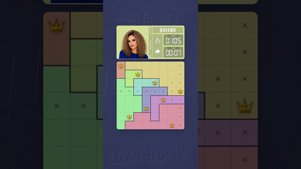 LinkedIn Queens #105 solved board for August 13, 2024, 8x8 grid