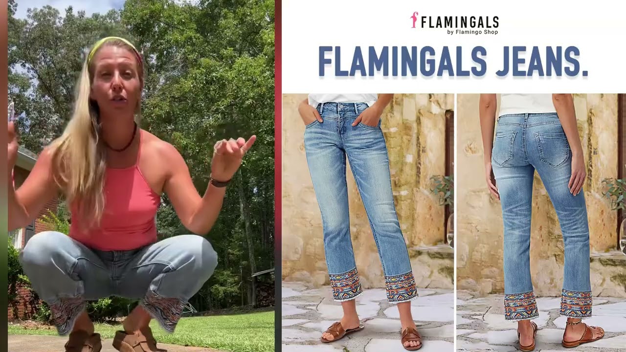 【Flamingals】Tribal Embroidery Raw Hem Mid Rise Straight Leg Crop Jeans 