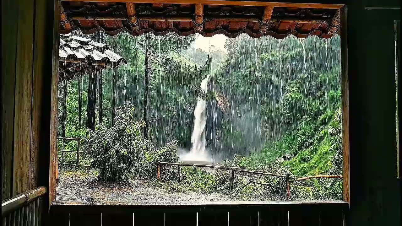 Cozy Rain at the Waterfall 🌿 Natural Rain Sounds for Sleeping, Focus & Meditation 