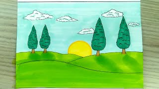 رسم | رسم منظر طبيعي مع اشجار سهلة جدا  | رسم مناظر طبيعية بالالوان الخشبية للمبتدئين  | رسم سهل