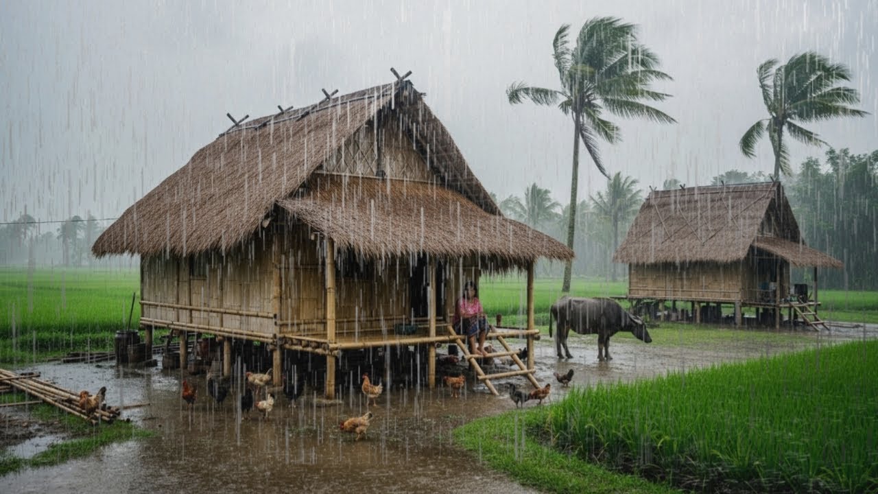 Asian rural life atmosphere | strong winds, heavy rain, sleep well ...