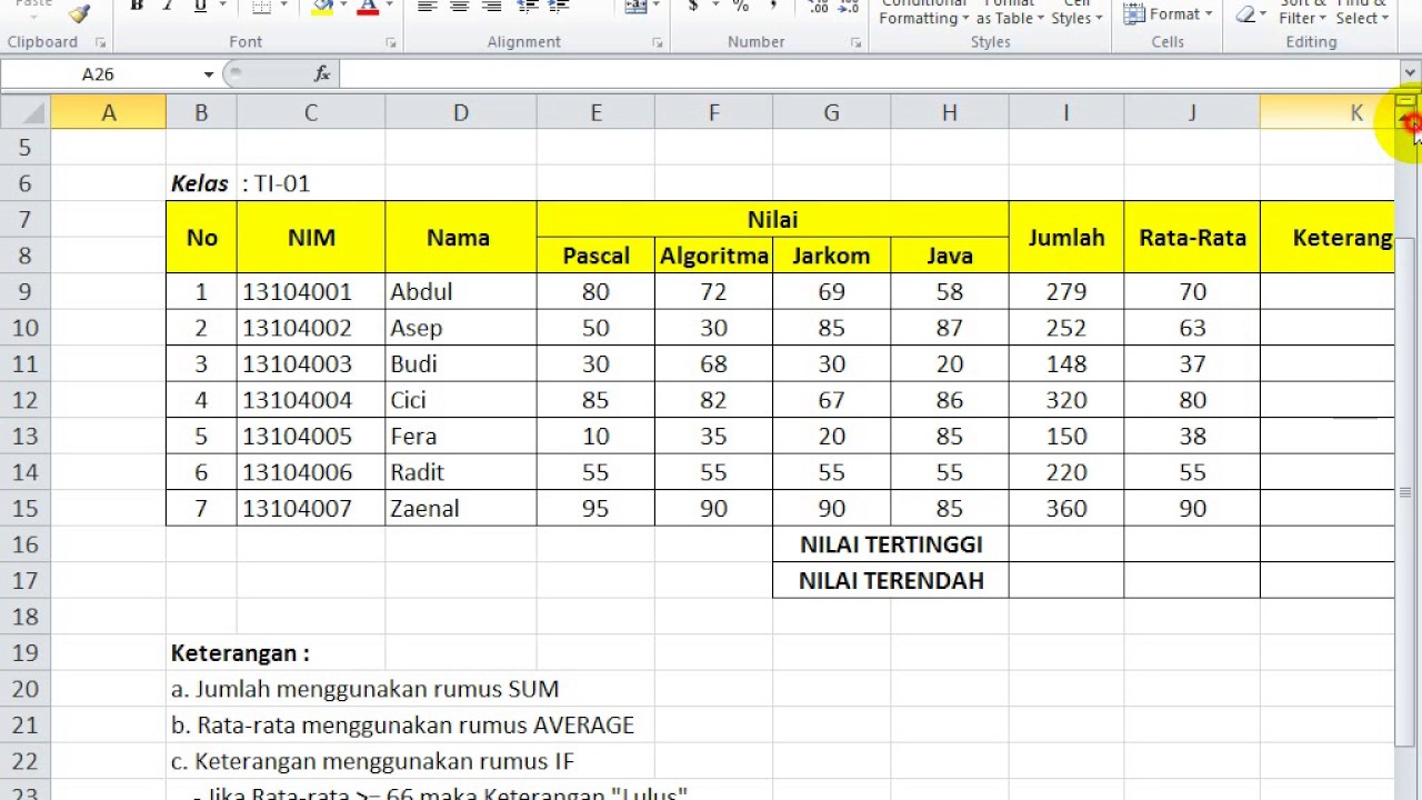 cara membuat kategori nilai di excel