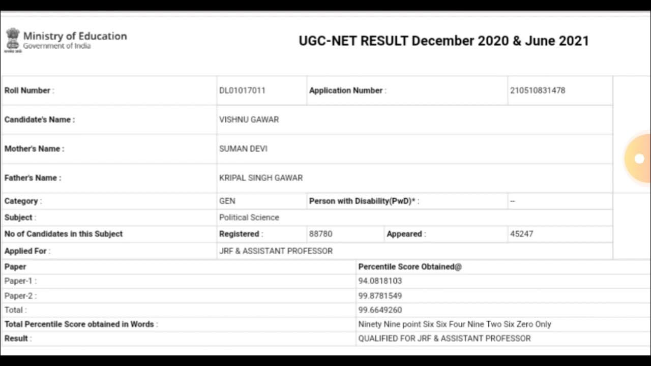 My ugc net jrf result 2020 2021 of political science ugcnetresult