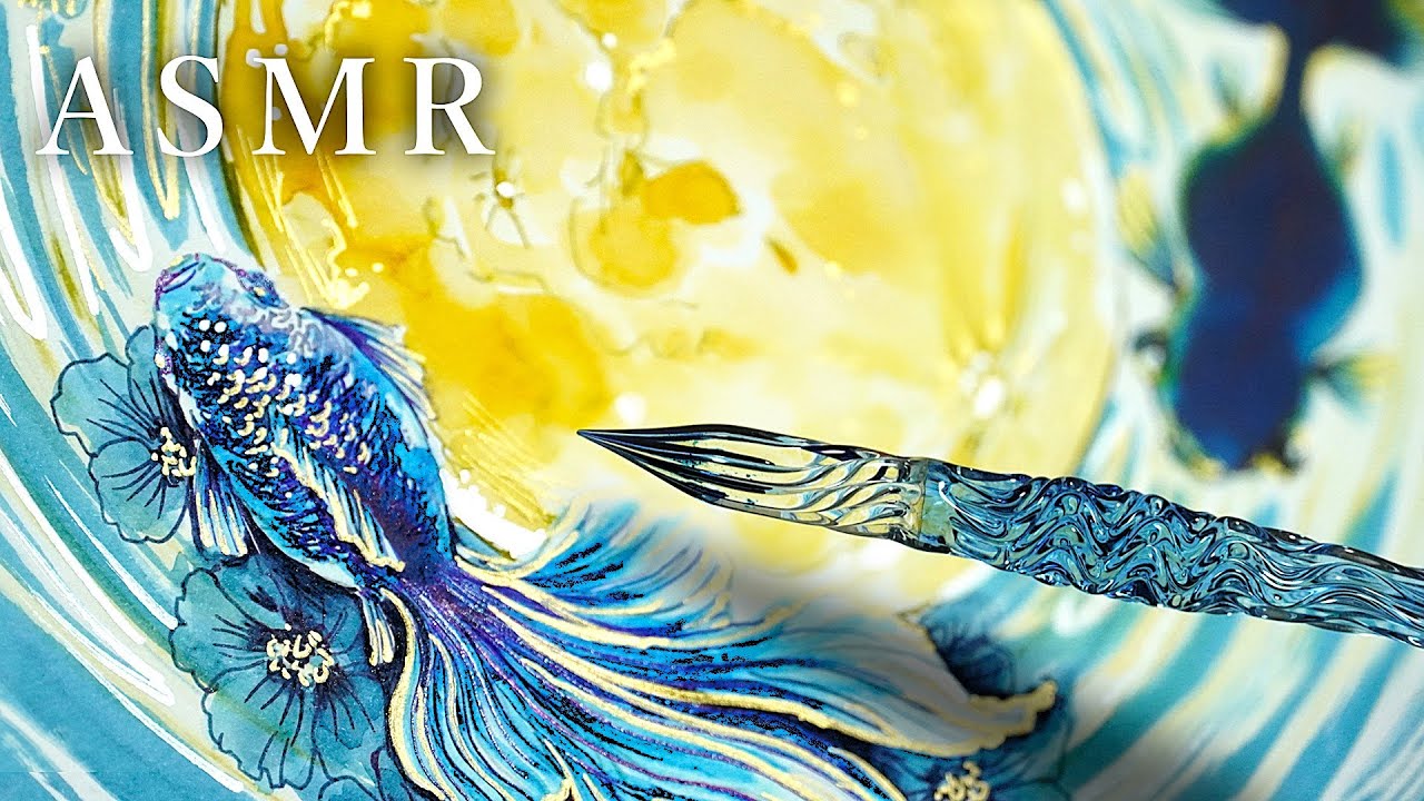 【ASMR】満月と青い金魚をガラスペンで描く音🌝 SOUND of Drawing with glass pen & ink✨