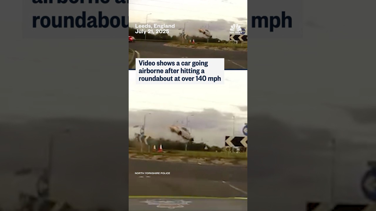 Video shows a car going airborne after hitting a roundabout at over 140 mph