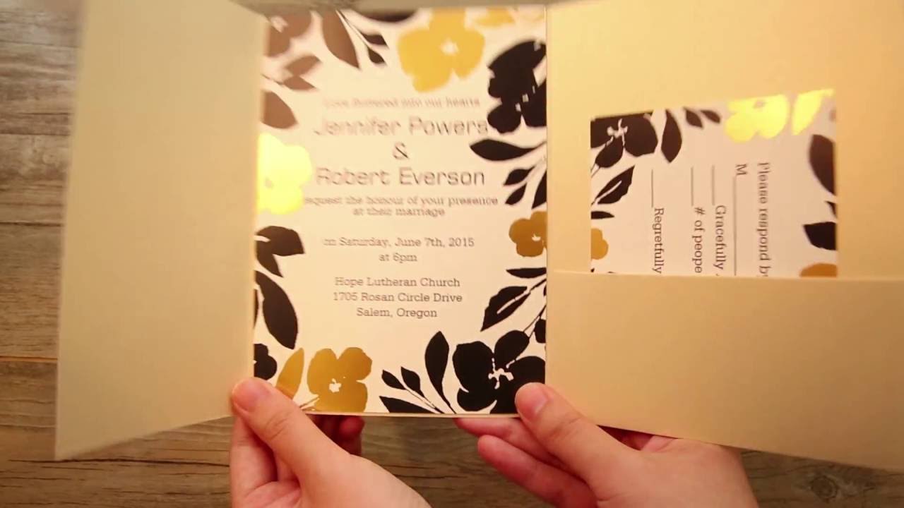 Pocket wedding invitations with gold glitter flowers