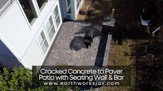Cracked Concrete to Paver Patio with Seating Wall & Bar