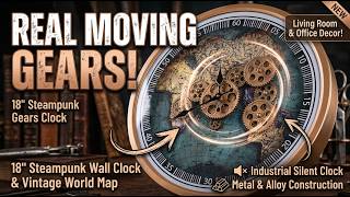 Real Moving Gears Steampunk Wall Clock 18 with Vintage World Map