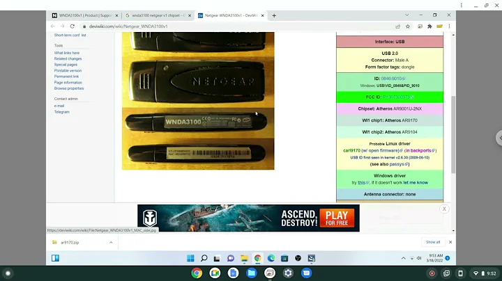 Win 11: wnda3100v1 netgear usb 2.0 wireless adapter. Cannot install driver w/ software. Find chipset