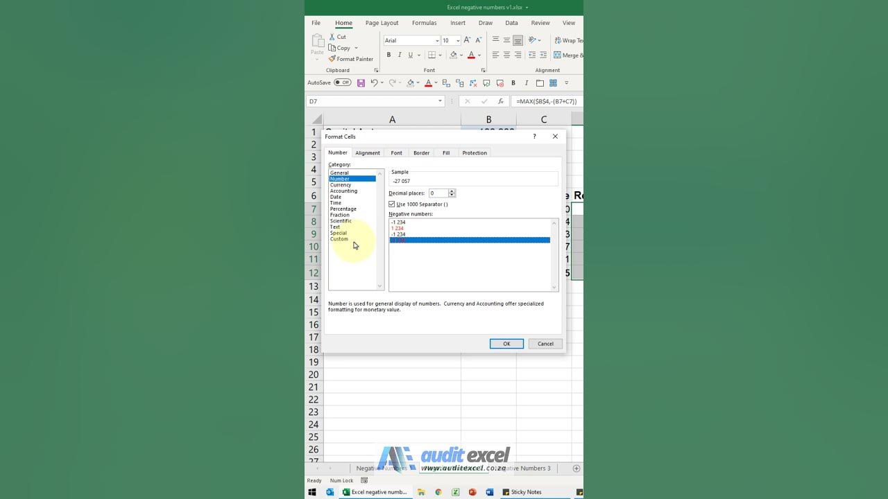 Excel negative numbers in brackets youtube