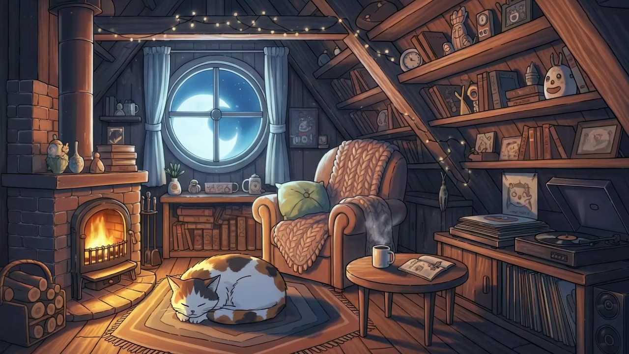 Rain Sounds & Cozy Fireplace Night 🐱🔥 Soft Lofi Music for Reading and Study