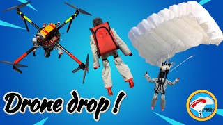 RC Skydiver with mini parachute dropped from a drone !