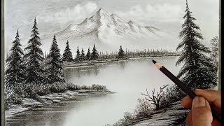 : Pencil drawing landscape scenery/ Snow mountain landscape drawing with pencil/