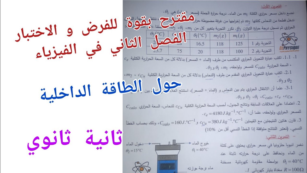 مقترح بقوة للفرض و الاختبار الفصل الثاني في الفيزياء حول الطاقة الداخلية للسنة الثانية ثانوي