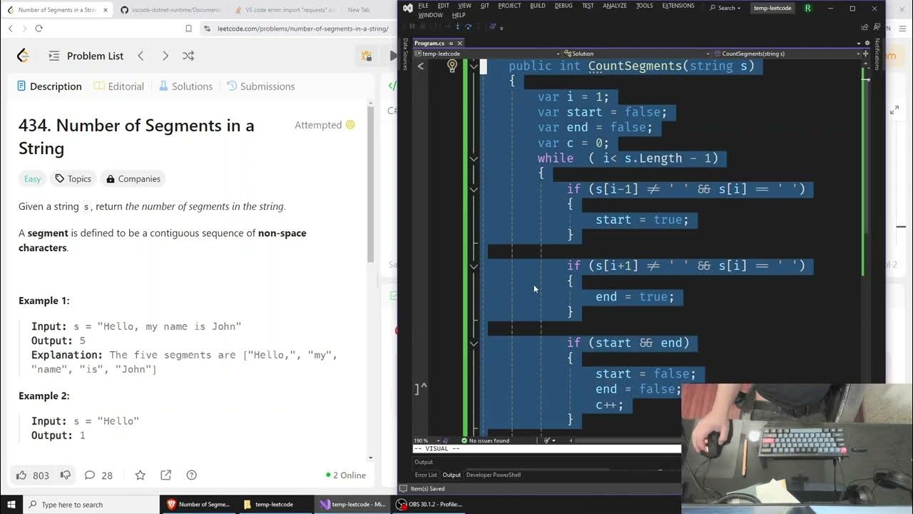 Solving leetcode problems 434 number of segments in a string youtube