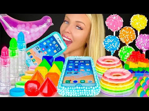 ASMR RAINBOW DESSERT, EDIBLE IPHONE COOKIE, GEMS, LAYERED JELLO, EDIBLE STRAWS CANDY MUKBANG 먹방