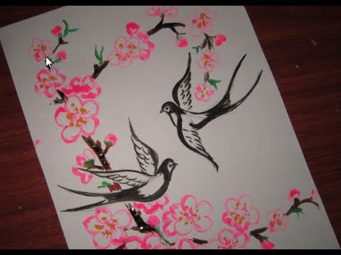 Vẽ tranh ngày tết và mùa xuân - Cách vẽ chim én và hoa đào - YouTube