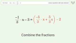 Linear equation with one unknown: Solve -2x-3=-5/3x-2 step-by-step solution